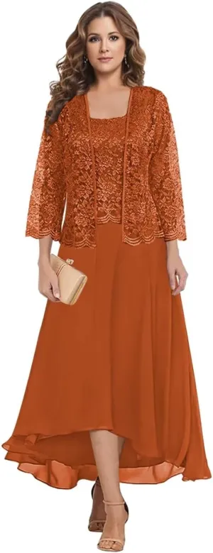Mother of The Bride Dresses with Jacket 2 Pieces Chiffon Lace Appliques Formal Wedding Evening Gowns