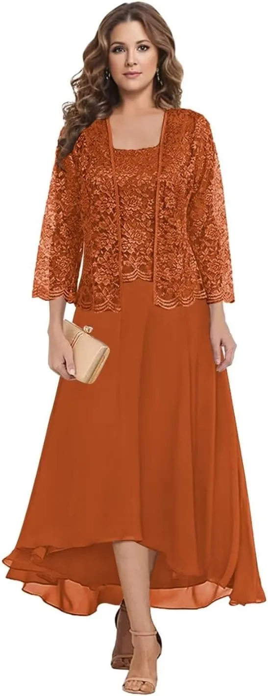 Mother of The Bride Dresses with Jacket 2 Pieces Chiffon Lace Appliques Formal Wedding Evening Gowns