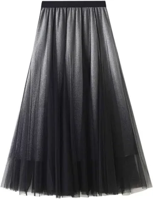 Mujer Sequin Tulle Skirt for Women 2 Layered Gradient Color Swing Midi Skirt A-Line High Waist Tea-Length Pleated Skirt Falda de tul