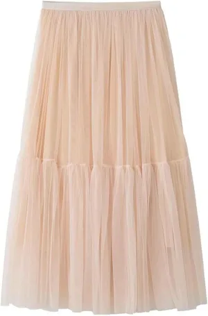 Mujer Womens Tulle Midi Skirt Elegant Elastic Waist Tiered Ruffle Pleated Skirt A-Line Long Tutu Party Skirt Falda de tul
