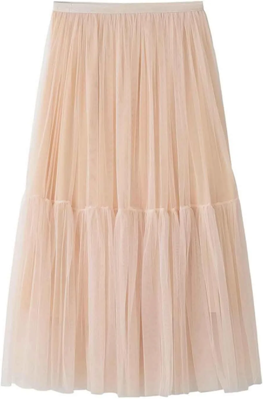 Mujer Womens Tulle Midi Skirt Elegant Elastic Waist Tiered Ruffle Pleated Skirt A-Line Long Tutu Party Skirt Falda de tul