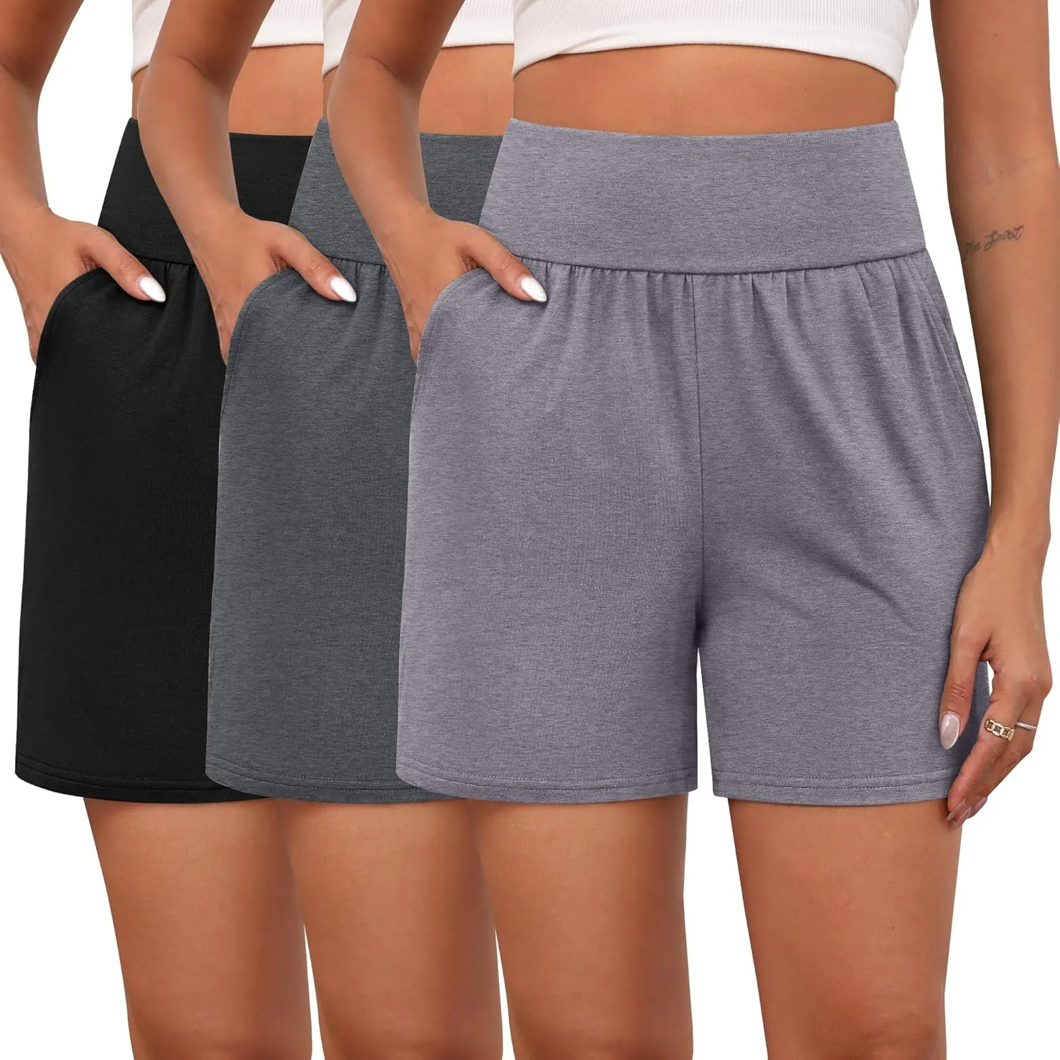 Neer 3 Pack Cotton Women's Athletic Shorts 5'' High Waisted Elastic Wide Leg Yoga Gym Workout Lounge with Pockets