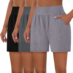 Neer 3 Pack Cotton Women's Athletic Shorts 5'' High Waisted Elastic Wide Leg Yoga Gym Workout Lounge with Pockets