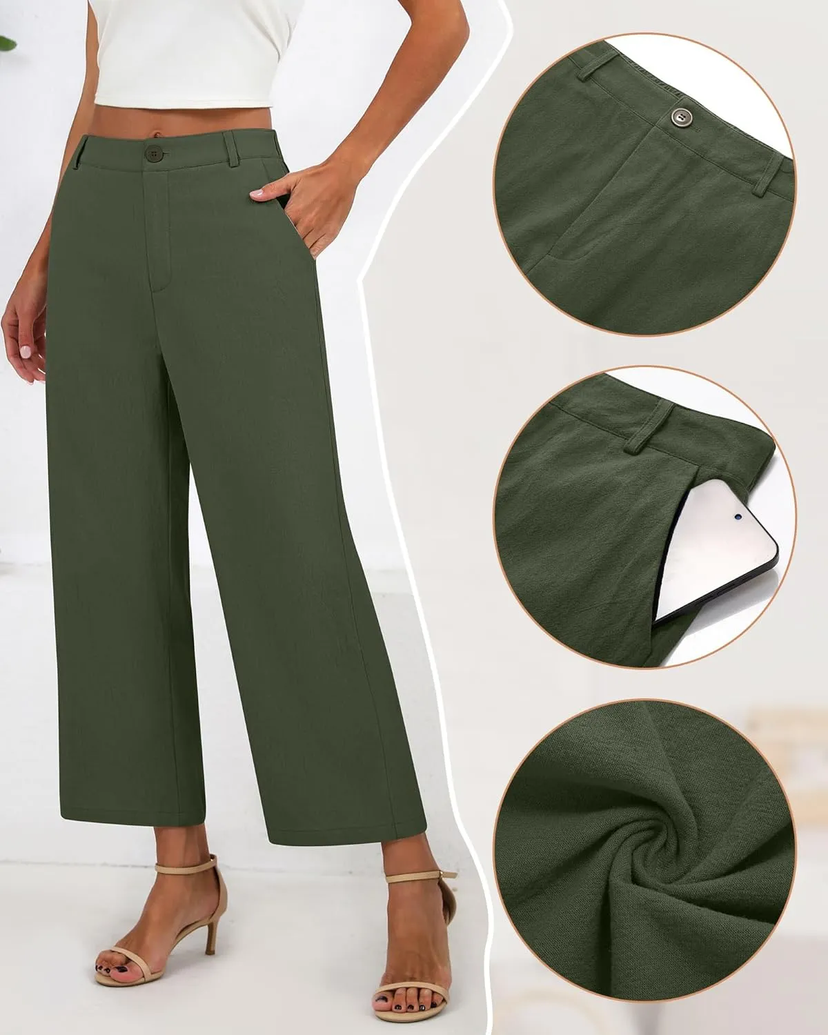 Neer Women's Cotton Linen Palazzo Pants, Casual Wide Leg Lounge Pants Summer High Waisted Flowy Trousers with Pockets