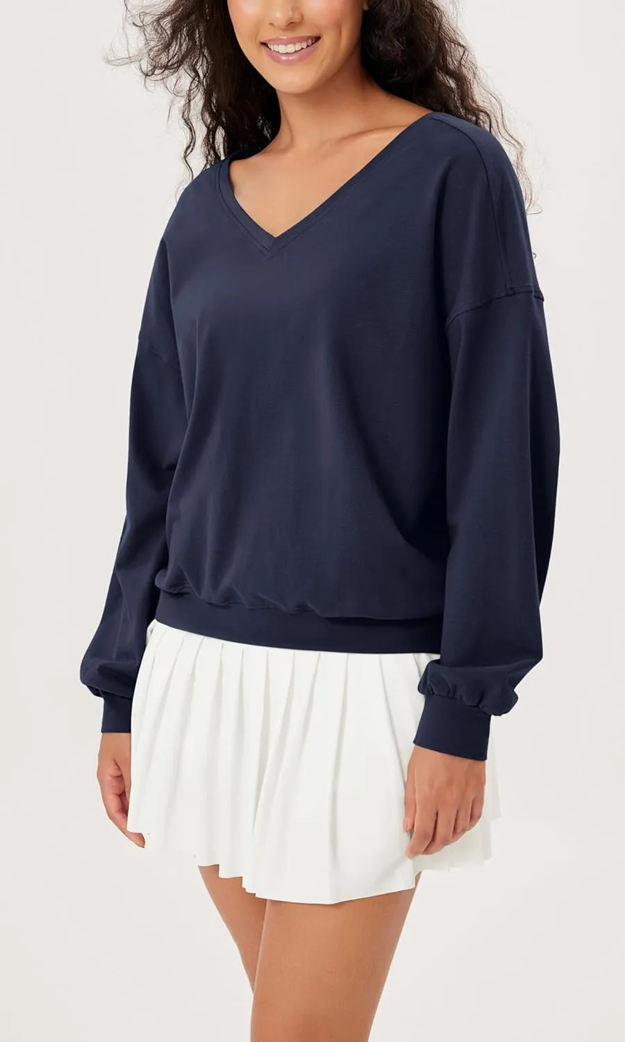 ODODOS Women's Purevibe Cotton Double V Pullover Long Sleeve Shirts Fall Outfits Oversized Tops
