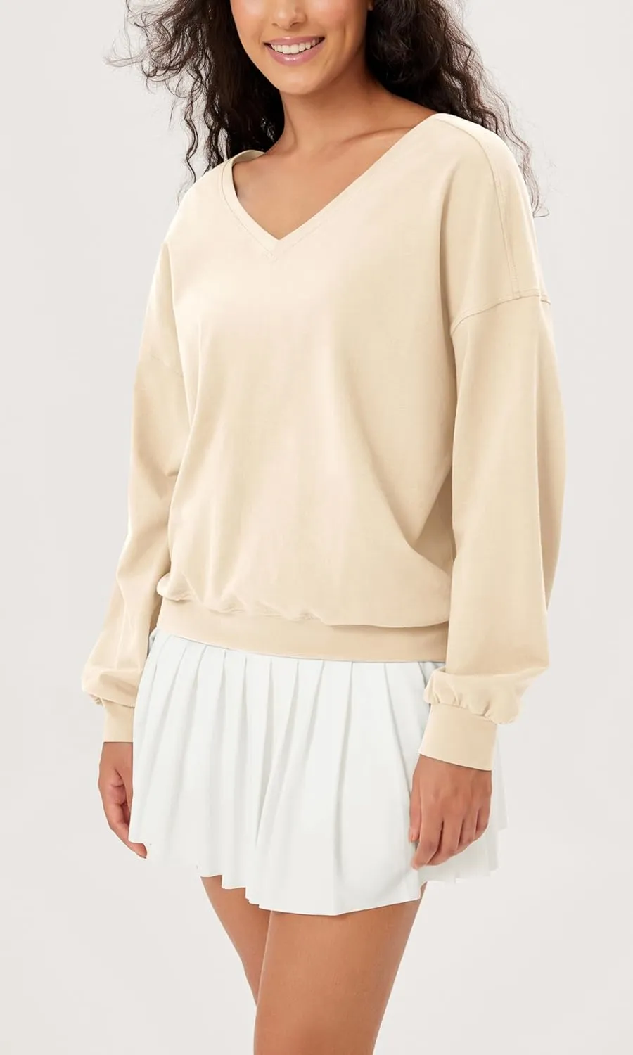 ODODOS Women's Purevibe Cotton Double V Pullover Long Sleeve Shirts Fall Outfits Oversized Tops
