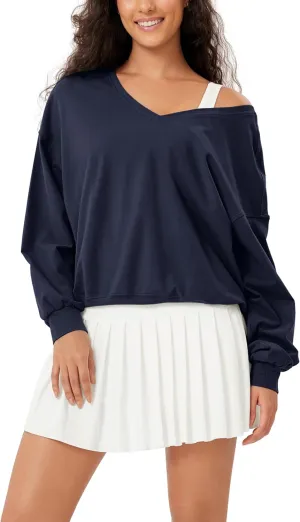 ODODOS Women's Purevibe Cotton Double V Pullover Long Sleeve Shirts Fall Outfits Oversized Tops