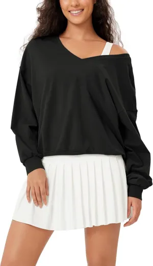 ODODOS Women's Purevibe Cotton Double V Pullover Long Sleeve Shirts Fall Outfits Oversized Tops