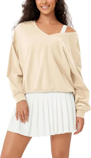 ODODOS Women's Purevibe Cotton Double V Pullover Long Sleeve Shirts Fall Outfits Oversized Tops