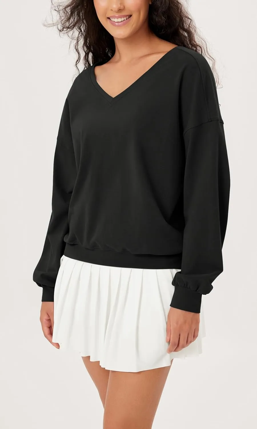 ODODOS Women's Purevibe Cotton Double V Pullover Long Sleeve Shirts Fall Outfits Oversized Tops