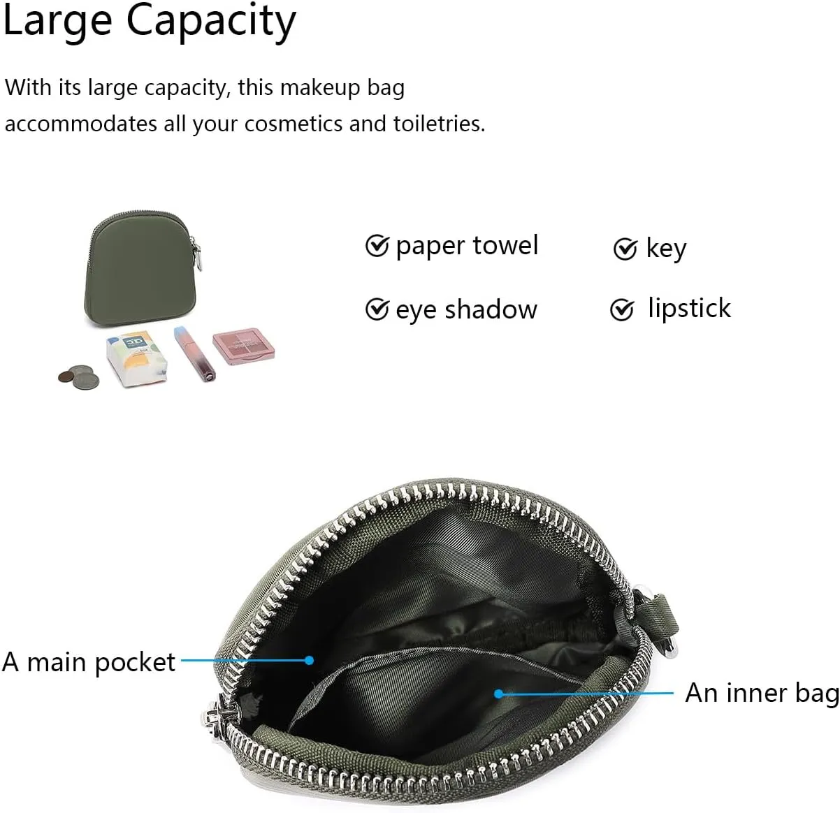 Organizer Bag Makeup Bag for Purse Travel Toiletry Pouch Zipper Pouch for Purse Small Makeup Pouch with Pockets Wristband design (black-nylon)