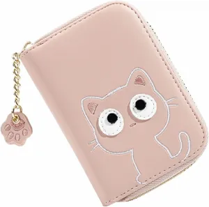PartyKindom Cute Cat Wallet Compact PU Coin Purse for Credit Cards Change for Travel Use Lightweight Durable Handbag Accessory