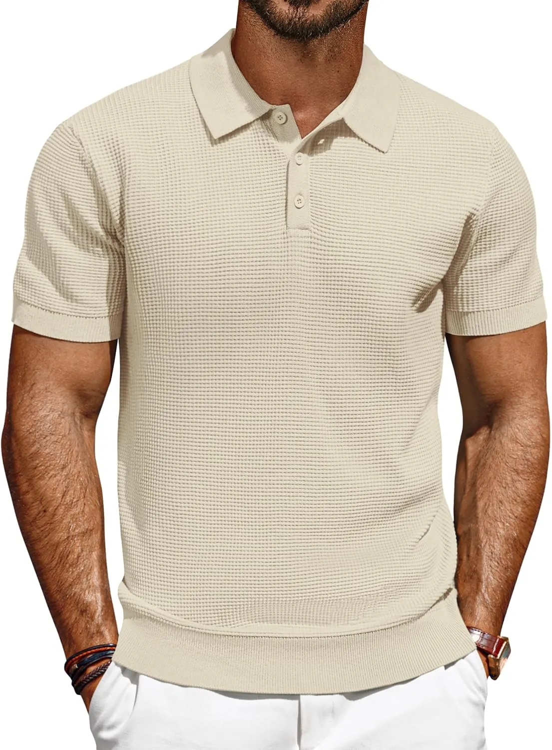 PJ PAUL JONES Polo Shirts for Men Short Sleeve Casual Knit Waffle Texture Polo Golf Shirt