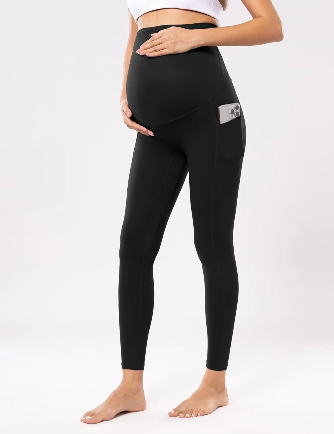 POSHDIVAH Women's Maternity Workout Nakedlux Leggings with Pockets Over The Belly Pregnancy Soft Activewear Yoga Pants