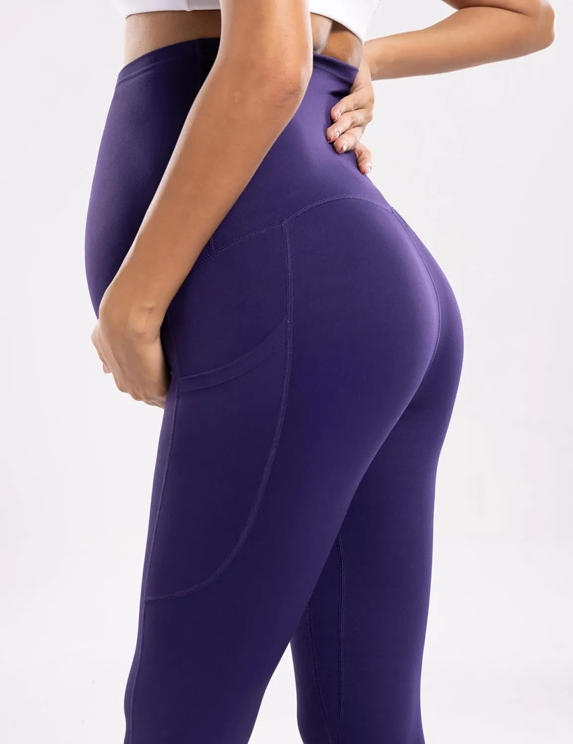 POSHDIVAH Women's Maternity Workout Nakedlux Leggings with Pockets Over The Belly Pregnancy Soft Activewear Yoga Pants