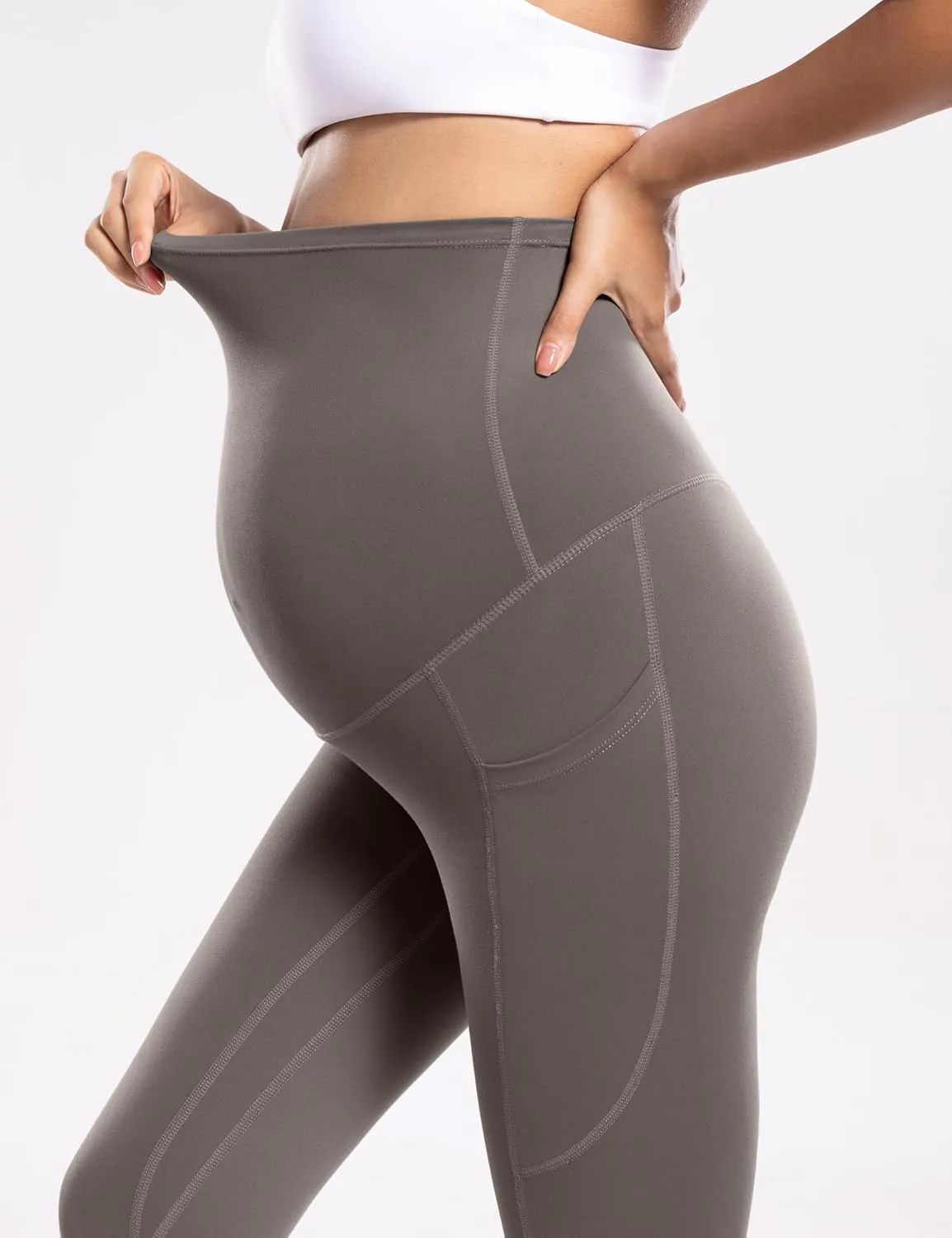POSHDIVAH Women's Maternity Workout Nakedlux Leggings with Pockets Over The Belly Pregnancy Soft Activewear Yoga Pants