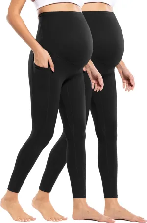 POSHDIVAH Women's Maternity Workout Nakedlux Leggings with Pockets Over The Belly Pregnancy Soft Activewear Yoga Pants