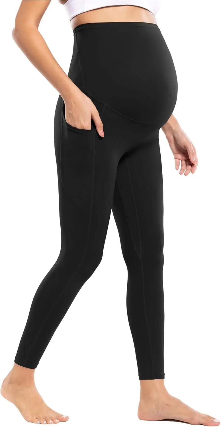 POSHDIVAH Women's Maternity Workout Nakedlux Leggings with Pockets Over The Belly Pregnancy Soft Activewear Yoga Pants