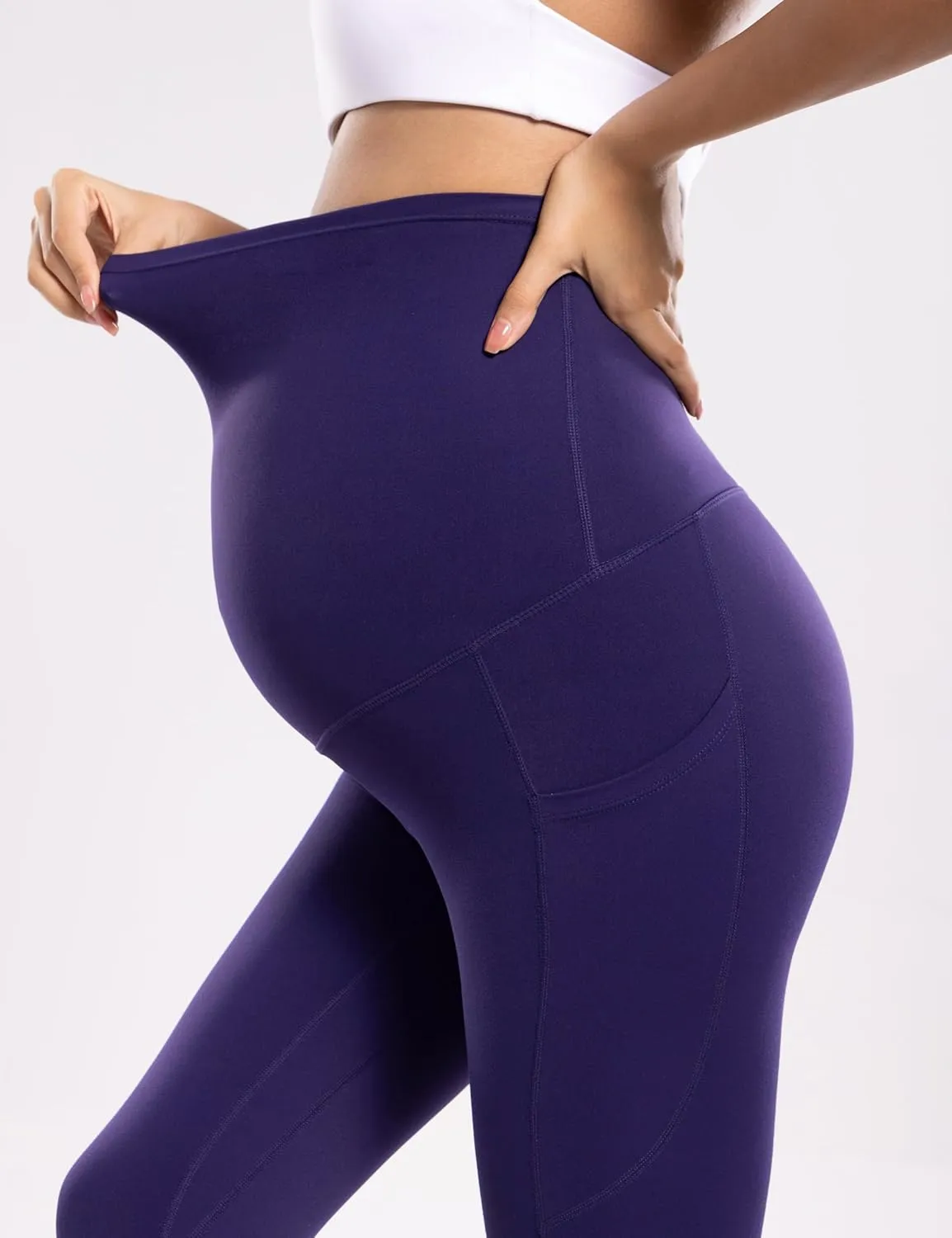 POSHDIVAH Women's Maternity Workout Nakedlux Leggings with Pockets Over The Belly Pregnancy Soft Activewear Yoga Pants