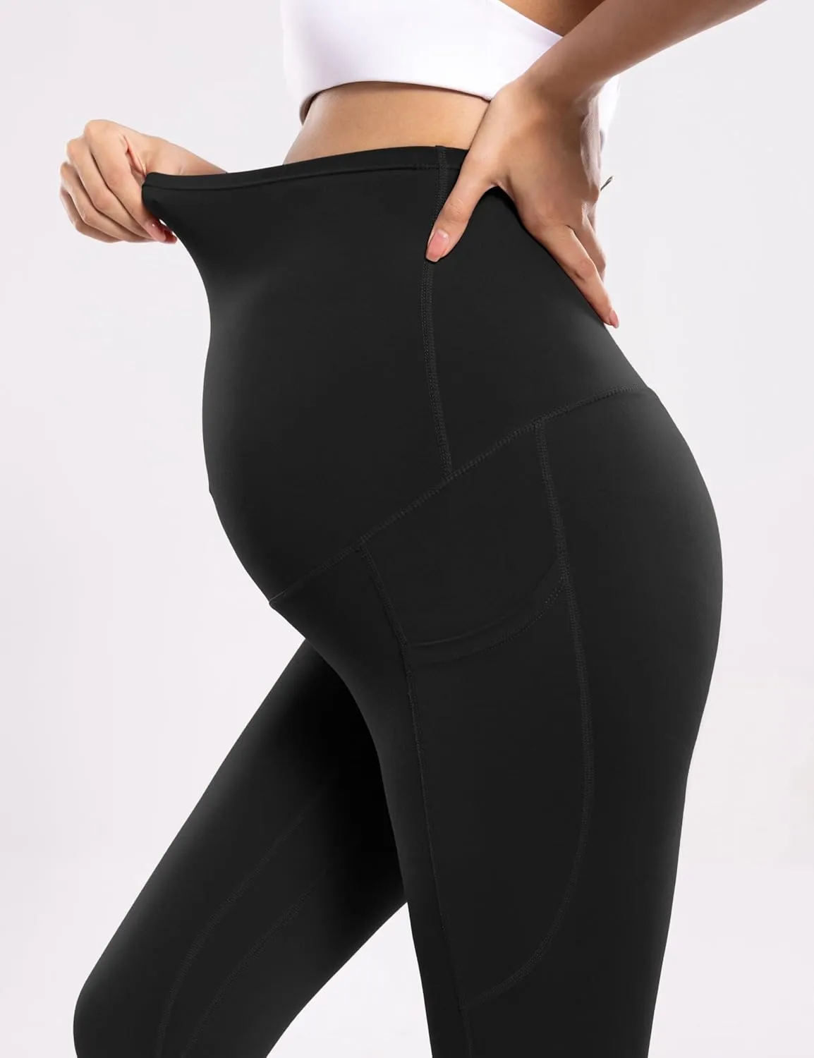 POSHDIVAH Women's Maternity Workout Nakedlux Leggings with Pockets Over The Belly Pregnancy Soft Activewear Yoga Pants