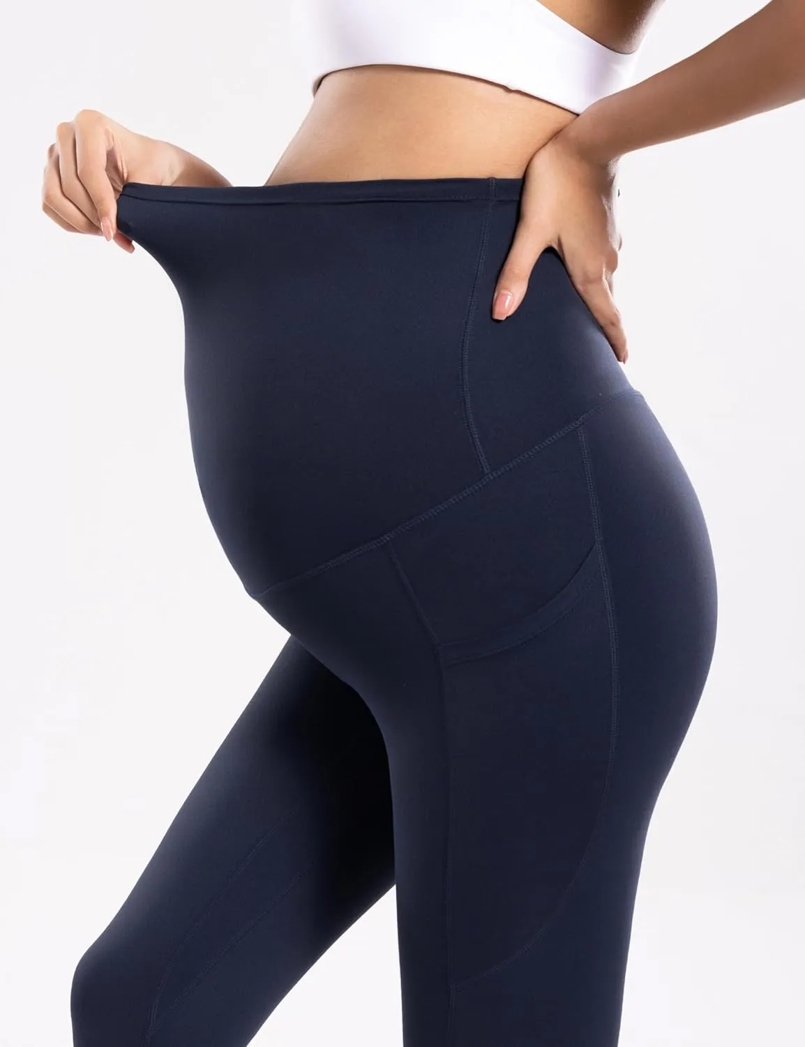 POSHDIVAH Women's Maternity Workout Nakedlux Leggings with Pockets Over The Belly Pregnancy Soft Activewear Yoga Pants