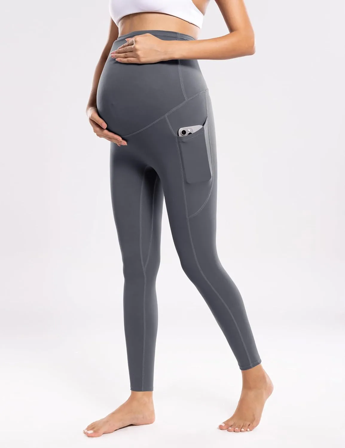 POSHDIVAH Women's Maternity Workout Nakedlux Leggings with Pockets Over The Belly Pregnancy Soft Activewear Yoga Pants
