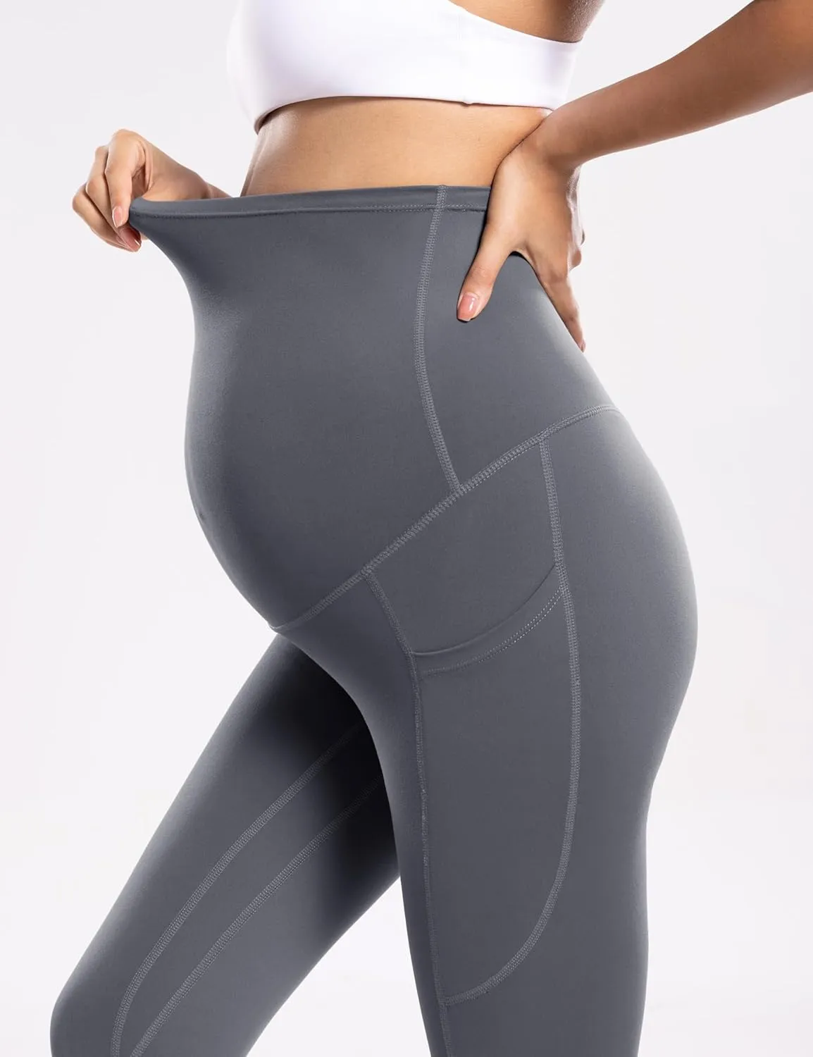 POSHDIVAH Women's Maternity Workout Nakedlux Leggings with Pockets Over The Belly Pregnancy Soft Activewear Yoga Pants