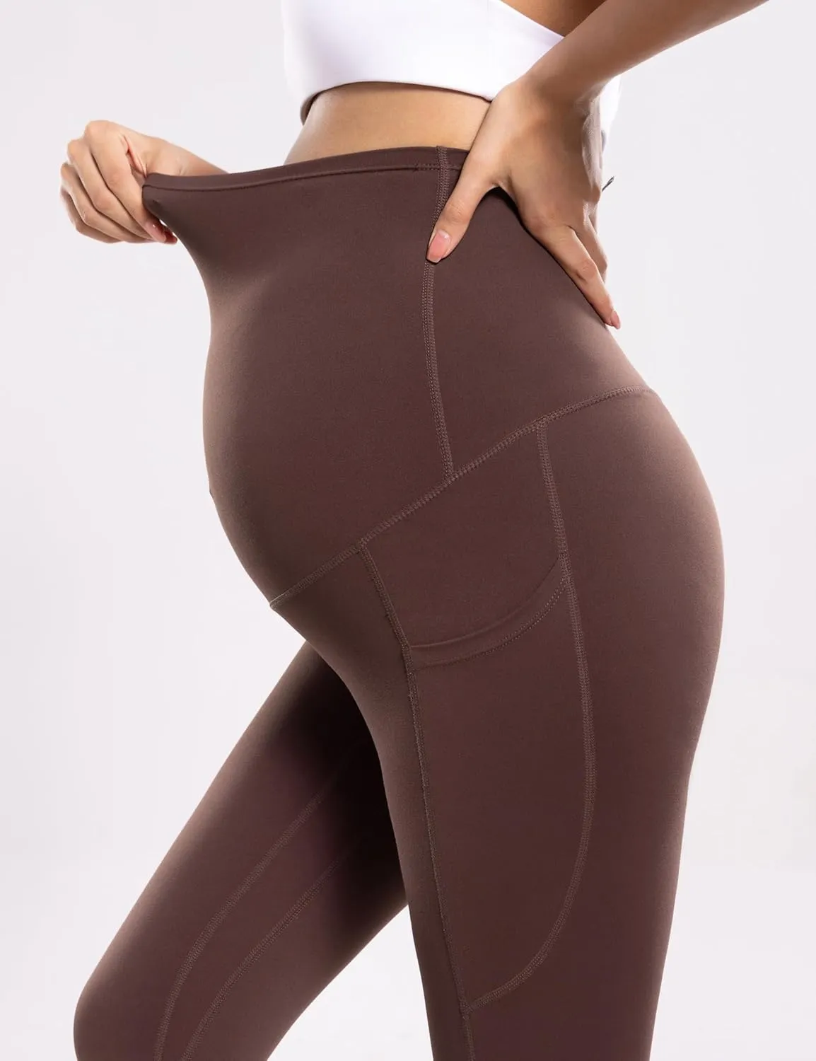 POSHDIVAH Women's Maternity Workout Nakedlux Leggings with Pockets Over The Belly Pregnancy Soft Activewear Yoga Pants