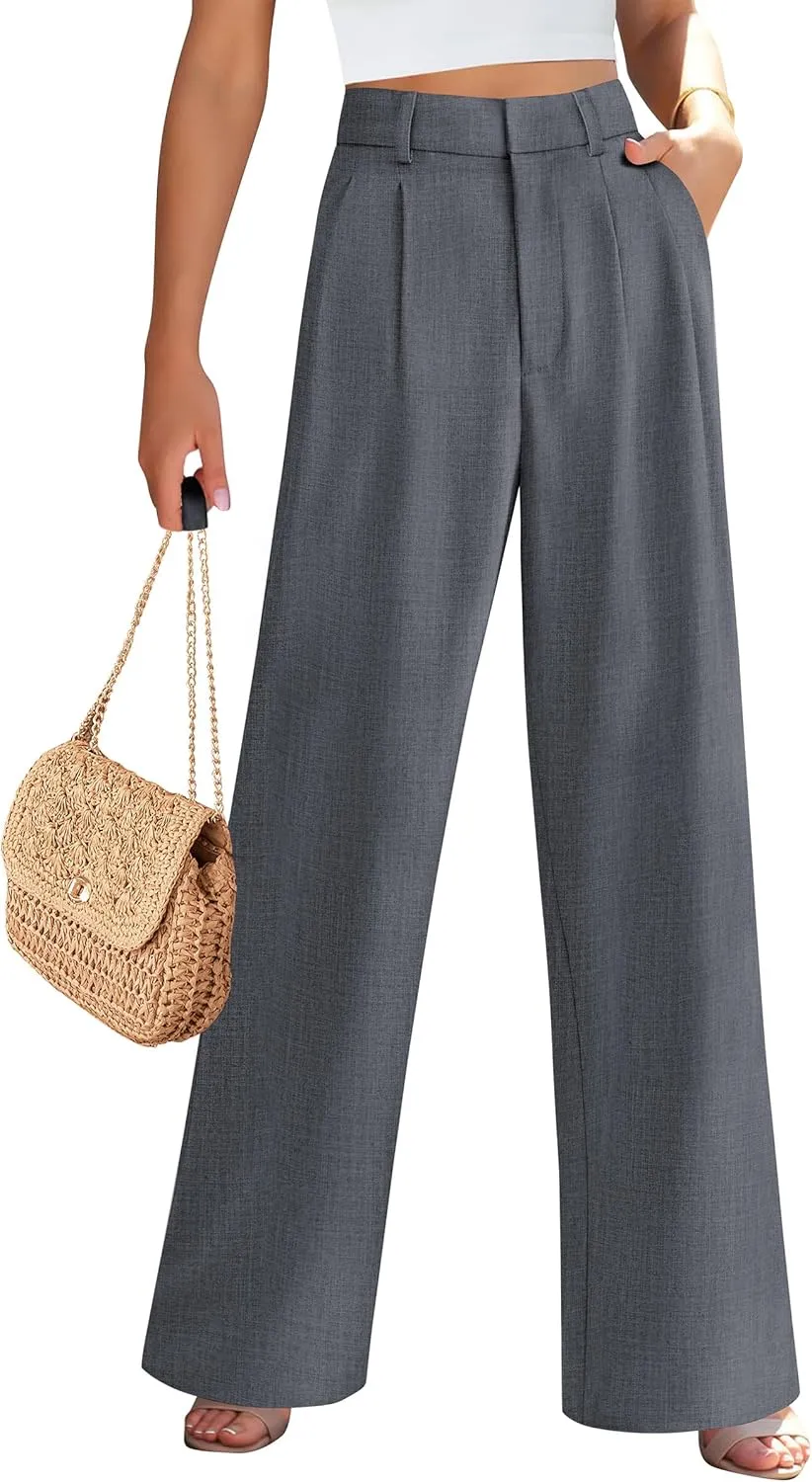 PRETTYGARDEN Women's Summer Elastic High Waisted Work Pants Straight Leg Dressy Business Casual Trousers Slacks Pockets