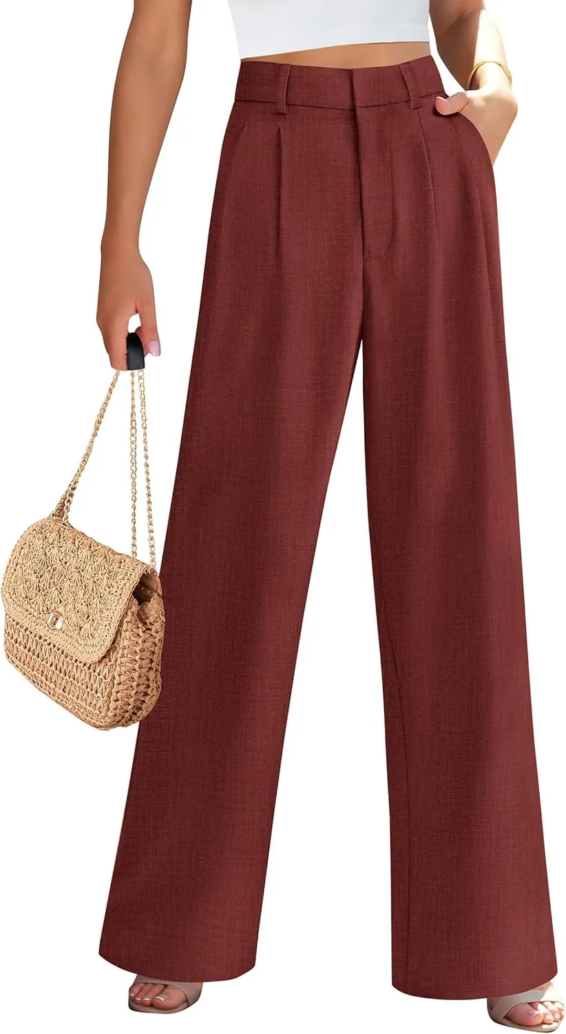 PRETTYGARDEN Women's Summer Elastic High Waisted Work Pants Straight Leg Dressy Business Casual Trousers Slacks Pockets