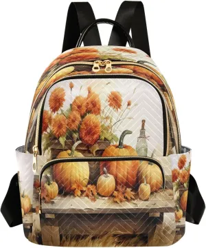 Pumpkin Fall Autumn Flowers Mini Backpack for Women Small Backpack Purse for Girls Quilted Daypack for Work Daily Travel Laptop Fashion Shoulder Purses Bags Back Pack for Teens College Bookbag