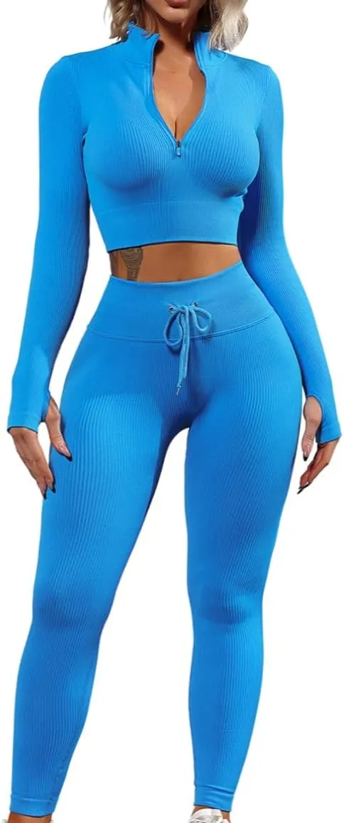 QINSEN Long Sleeve Workout Shirt for Women High Funnel Neck Crop Tops Tummy Control Leggings Fitted 2 Pieces Sets
