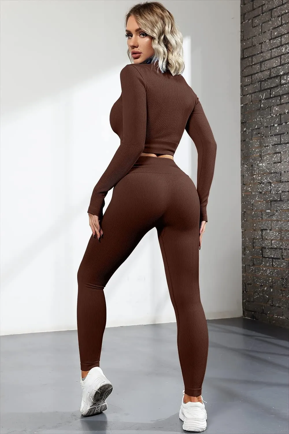 QINSEN Long Sleeve Workout Shirt for Women High Funnel Neck Crop Tops Tummy Control Leggings Fitted 2 Pieces Sets