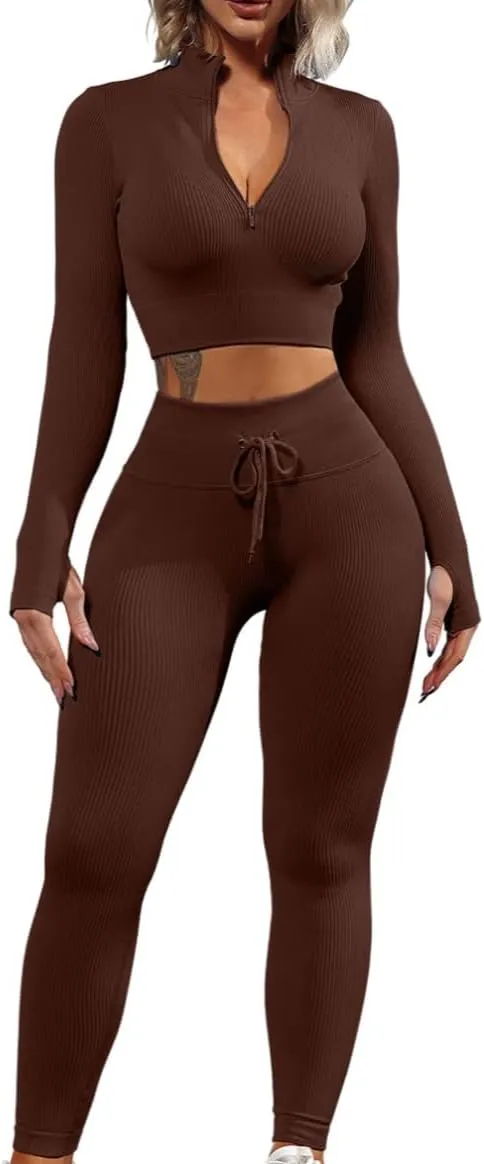 QINSEN Long Sleeve Workout Shirt for Women High Funnel Neck Crop Tops Tummy Control Leggings Fitted 2 Pieces Sets