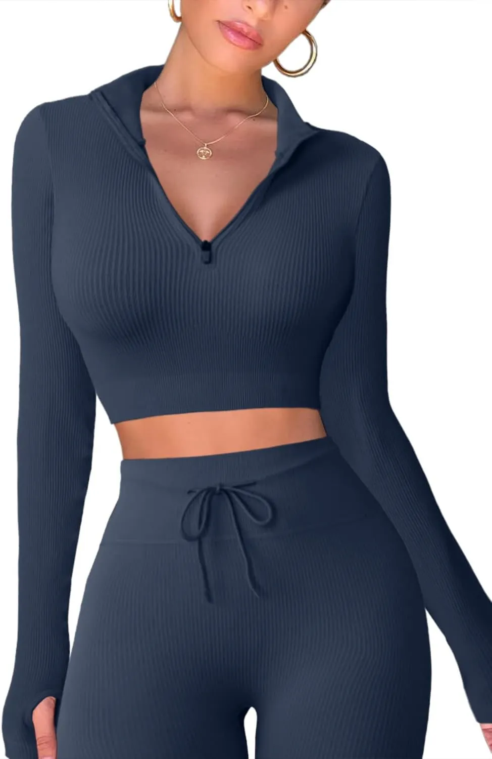 QINSEN Long Sleeve Workout Shirt for Women High Funnel Neck Crop Tops Tummy Control Leggings Fitted 2 Pieces Sets