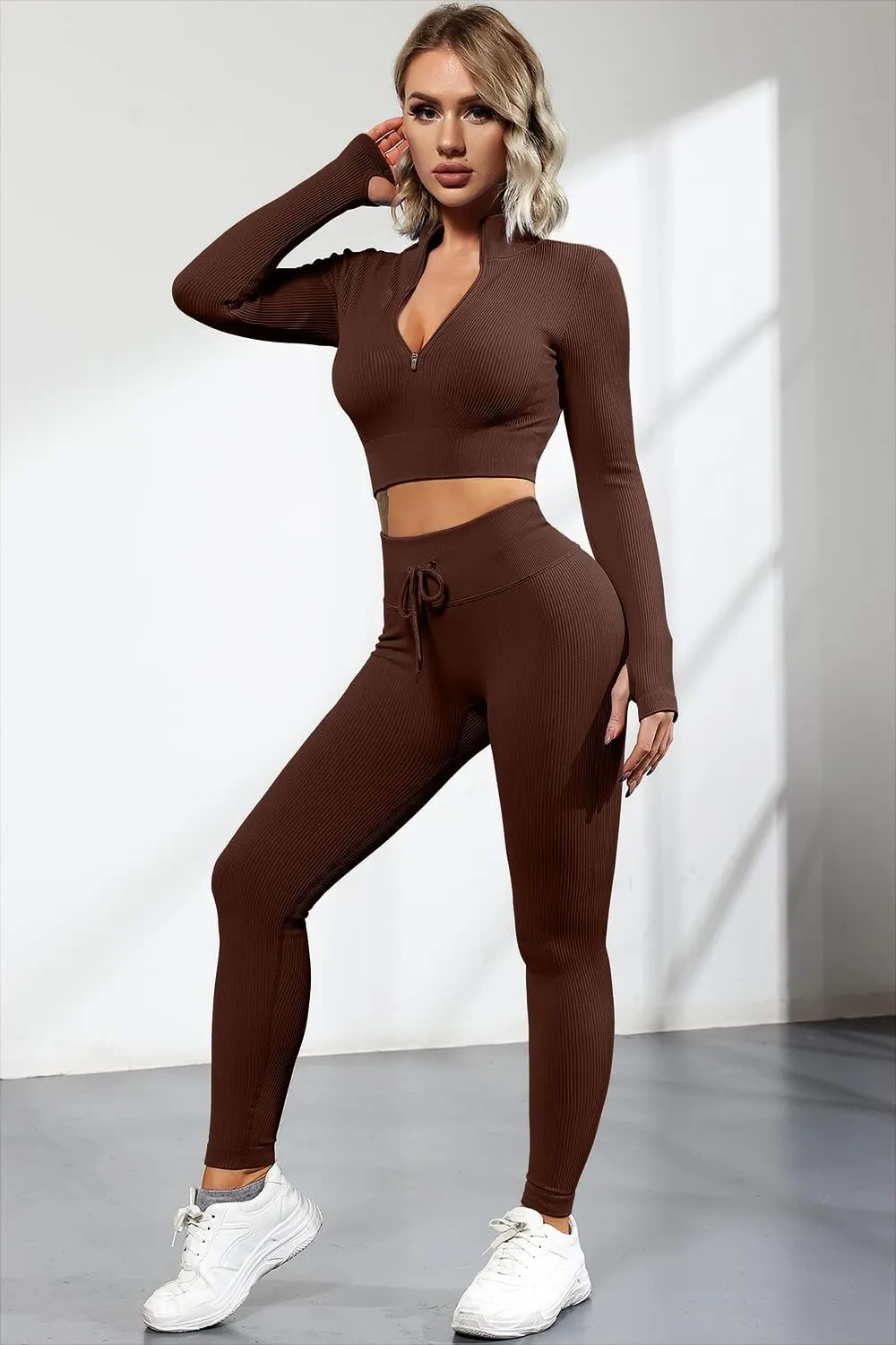 QINSEN Long Sleeve Workout Shirt for Women High Funnel Neck Crop Tops Tummy Control Leggings Fitted 2 Pieces Sets