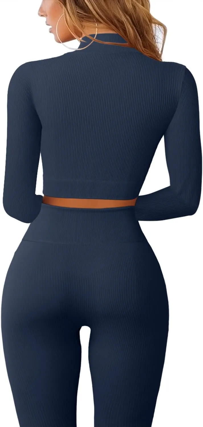 QINSEN Long Sleeve Workout Shirt for Women High Funnel Neck Crop Tops Tummy Control Leggings Fitted 2 Pieces Sets