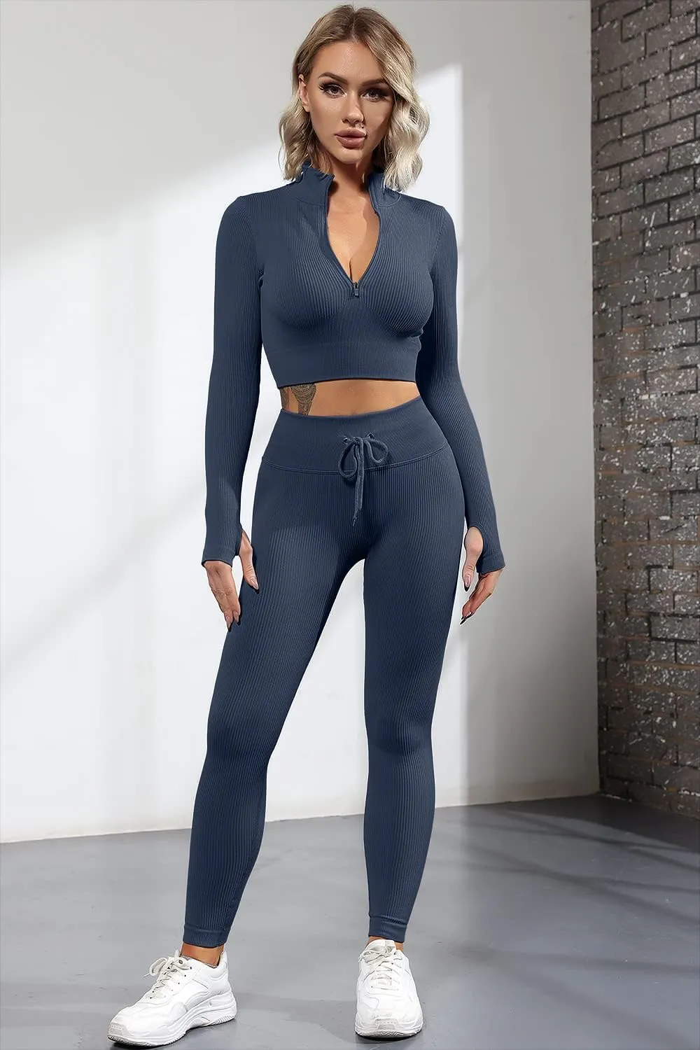QINSEN Long Sleeve Workout Shirt for Women High Funnel Neck Crop Tops Tummy Control Leggings Fitted 2 Pieces Sets