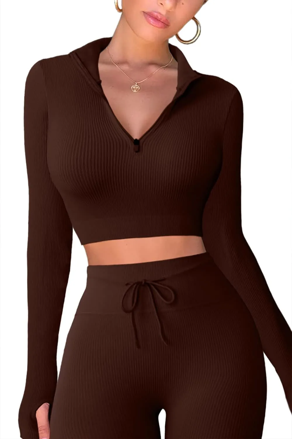 QINSEN Long Sleeve Workout Shirt for Women High Funnel Neck Crop Tops Tummy Control Leggings Fitted 2 Pieces Sets
