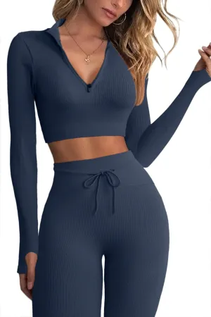 QINSEN Long Sleeve Workout Shirt for Women High Funnel Neck Crop Tops Tummy Control Leggings Fitted 2 Pieces Sets