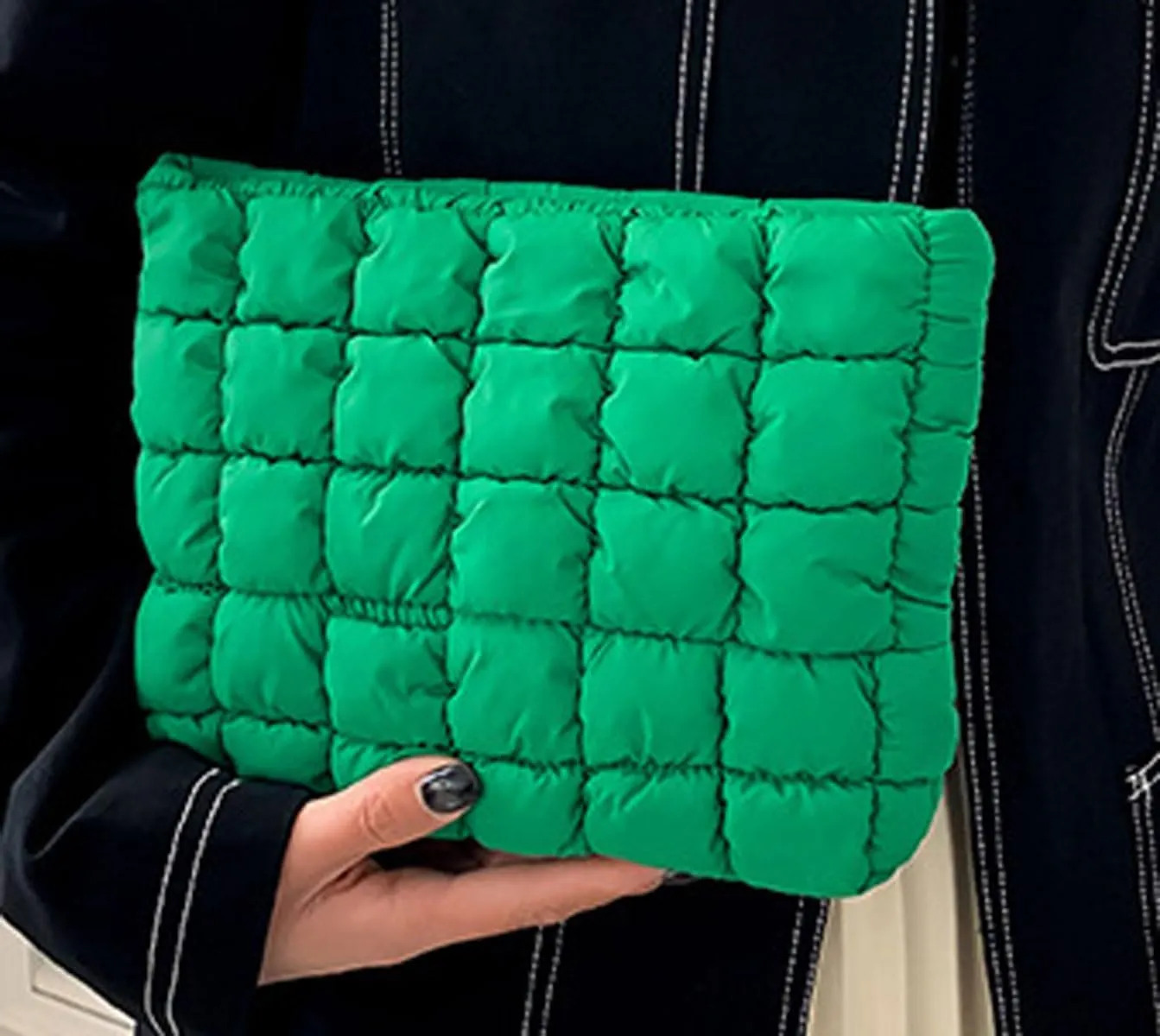 Quilted Makeup Bags Cosmetic Toiletry Organizer Bags Solid Puffer Clutch Cute Pouch for Women, Green