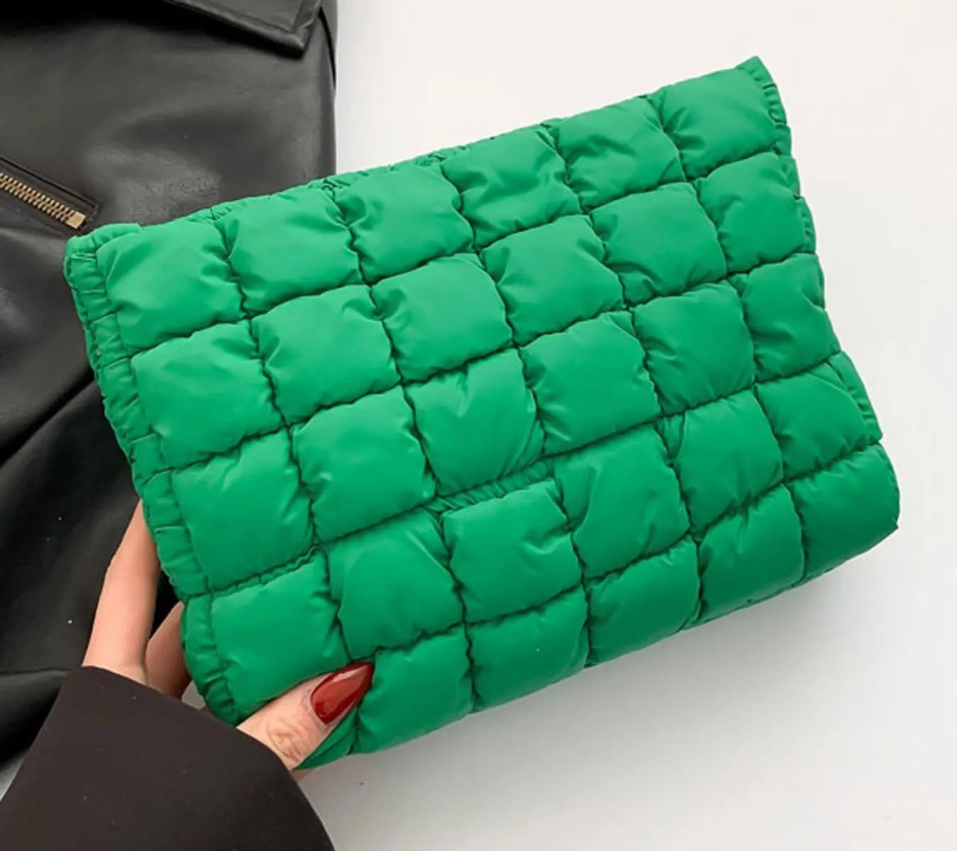 Quilted Makeup Bags Cosmetic Toiletry Organizer Bags Solid Puffer Clutch Cute Pouch for Women, Green