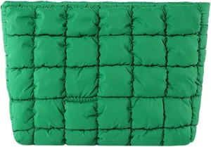 Quilted Makeup Bags Cosmetic Toiletry Organizer Bags Solid Puffer Clutch Cute Pouch for Women, Green