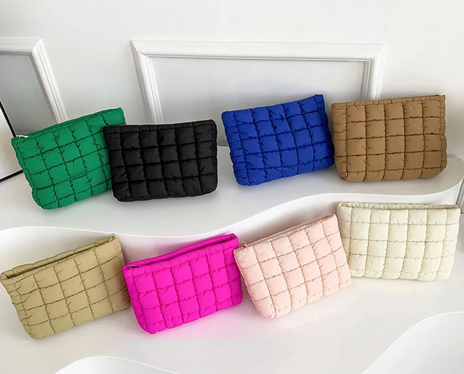 Quilted Makeup Bags Cosmetic Toiletry Organizer Bags Solid Puffer Clutch Cute Pouch for Women, Green