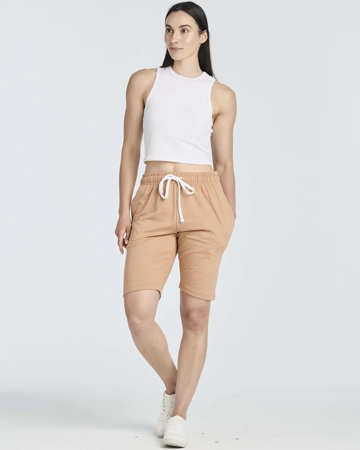 Real Essentials 3 Pack: Womens Cotton Terry Jersey 9" Bermuda Shorts Pockets-Casual Lounge Yoga (Available in Plus Size)