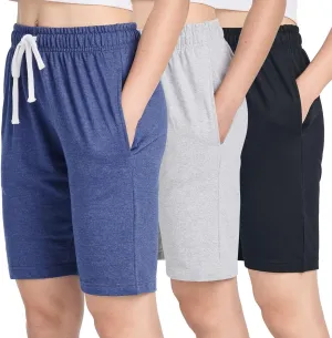 Real Essentials 3 Pack: Womens Cotton Terry Jersey 9" Bermuda Shorts Pockets-Casual Lounge Yoga (Available in Plus Size)