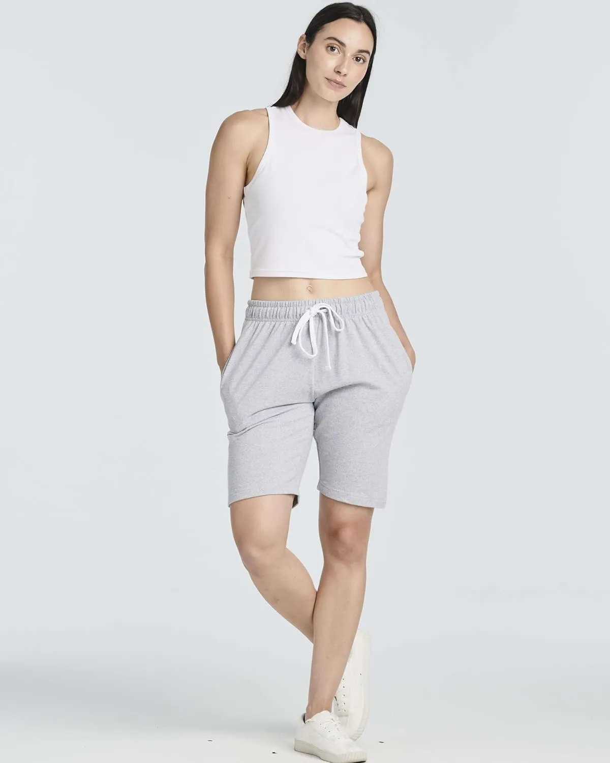 Real Essentials 3 Pack: Womens Cotton Terry Jersey 9" Bermuda Shorts Pockets-Casual Lounge Yoga (Available in Plus Size)