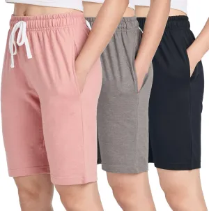 Real Essentials 3 Pack: Womens Cotton Terry Jersey 9" Bermuda Shorts Pockets-Casual Lounge Yoga (Available in Plus Size)