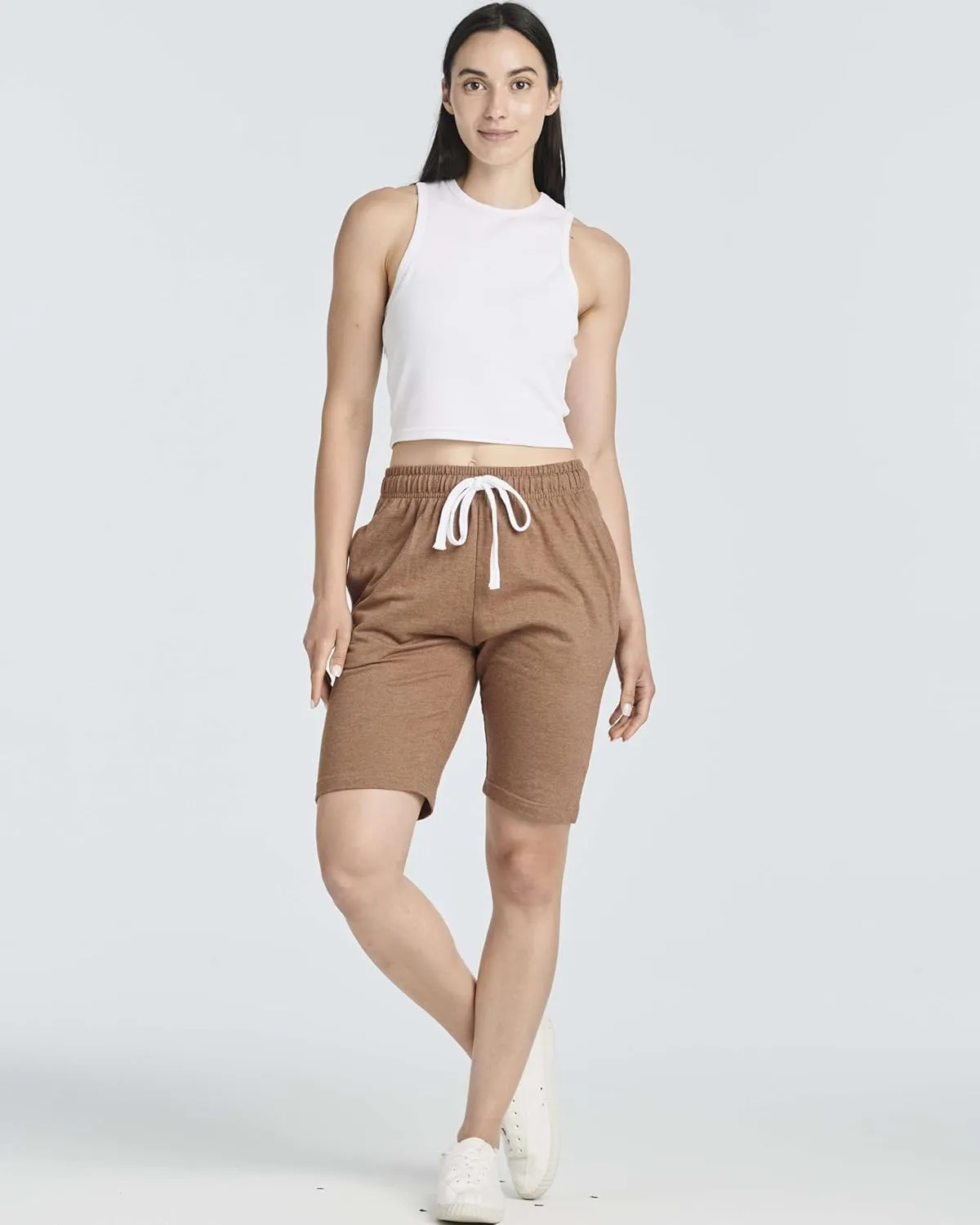 Real Essentials 3 Pack: Womens Cotton Terry Jersey 9" Bermuda Shorts Pockets-Casual Lounge Yoga (Available in Plus Size)