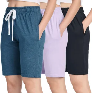 Real Essentials 3 Pack: Womens Cotton Terry Jersey 9" Bermuda Shorts Pockets-Casual Lounge Yoga (Available in Plus Size)